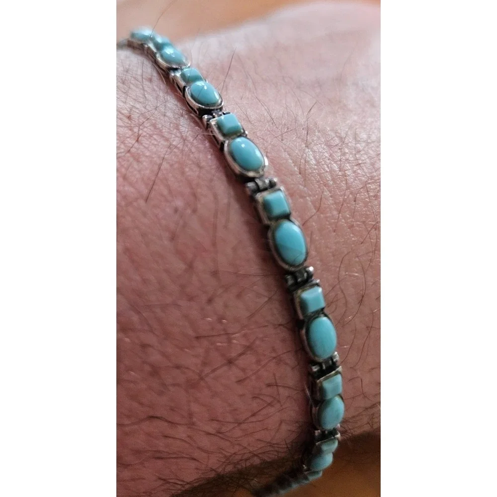 Natural Sleeping Beauty Turquoise set in a 925 Tennis Bracelet made in AZ - Picture 7 of 16
